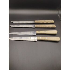 4 Forgecraft Knives Serrated Edge Wood Handle 5" Vintage